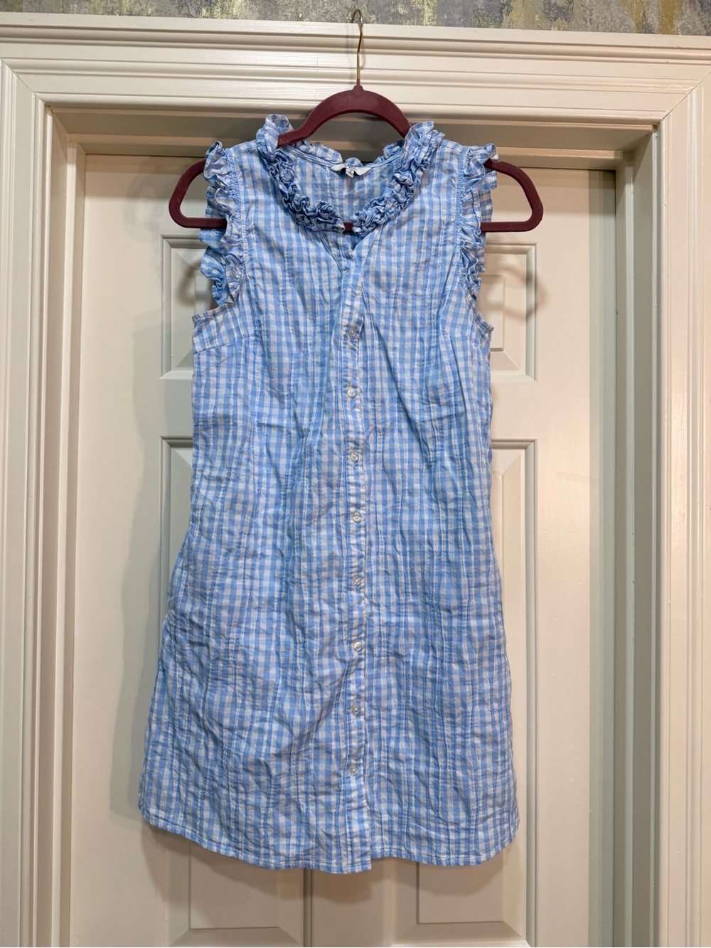 crown & ivy Light Blue Gingham Ruffle Button-Front Maxi Dress